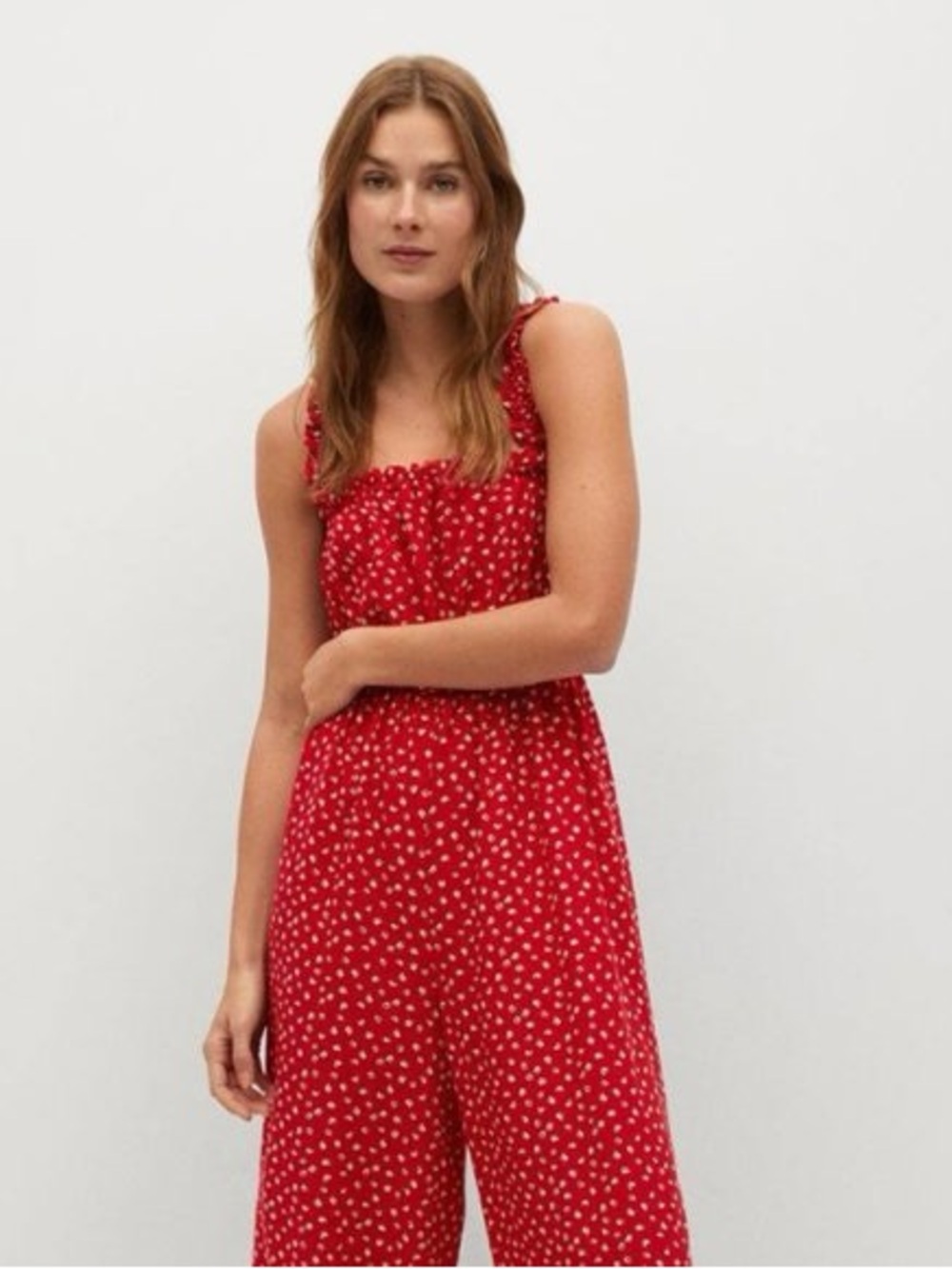 Mango Women’s Red and White Long Printed Jumpsuit